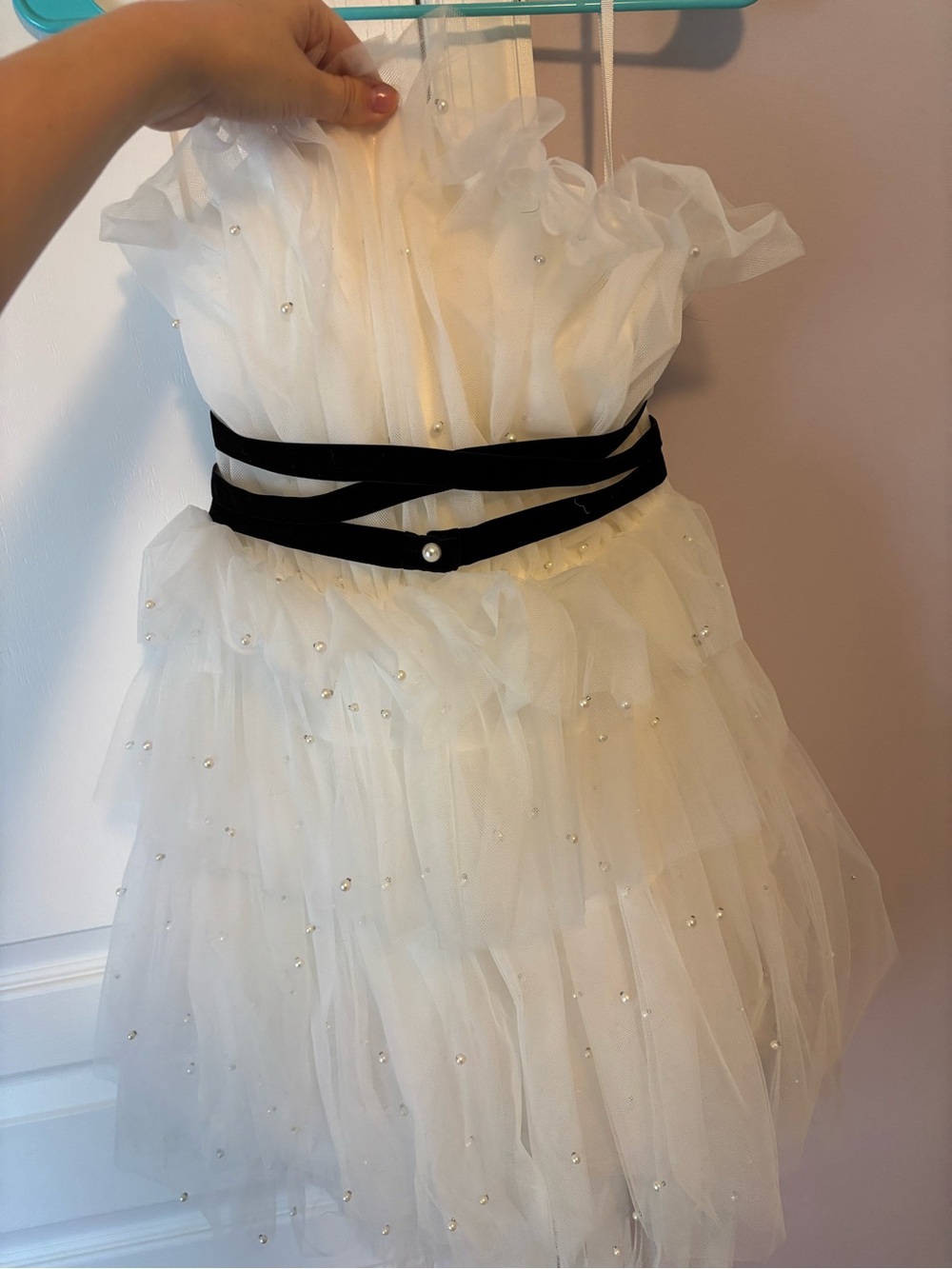 Anthropologie White Ruffled Tulle Dress with Black Velvet Waistband